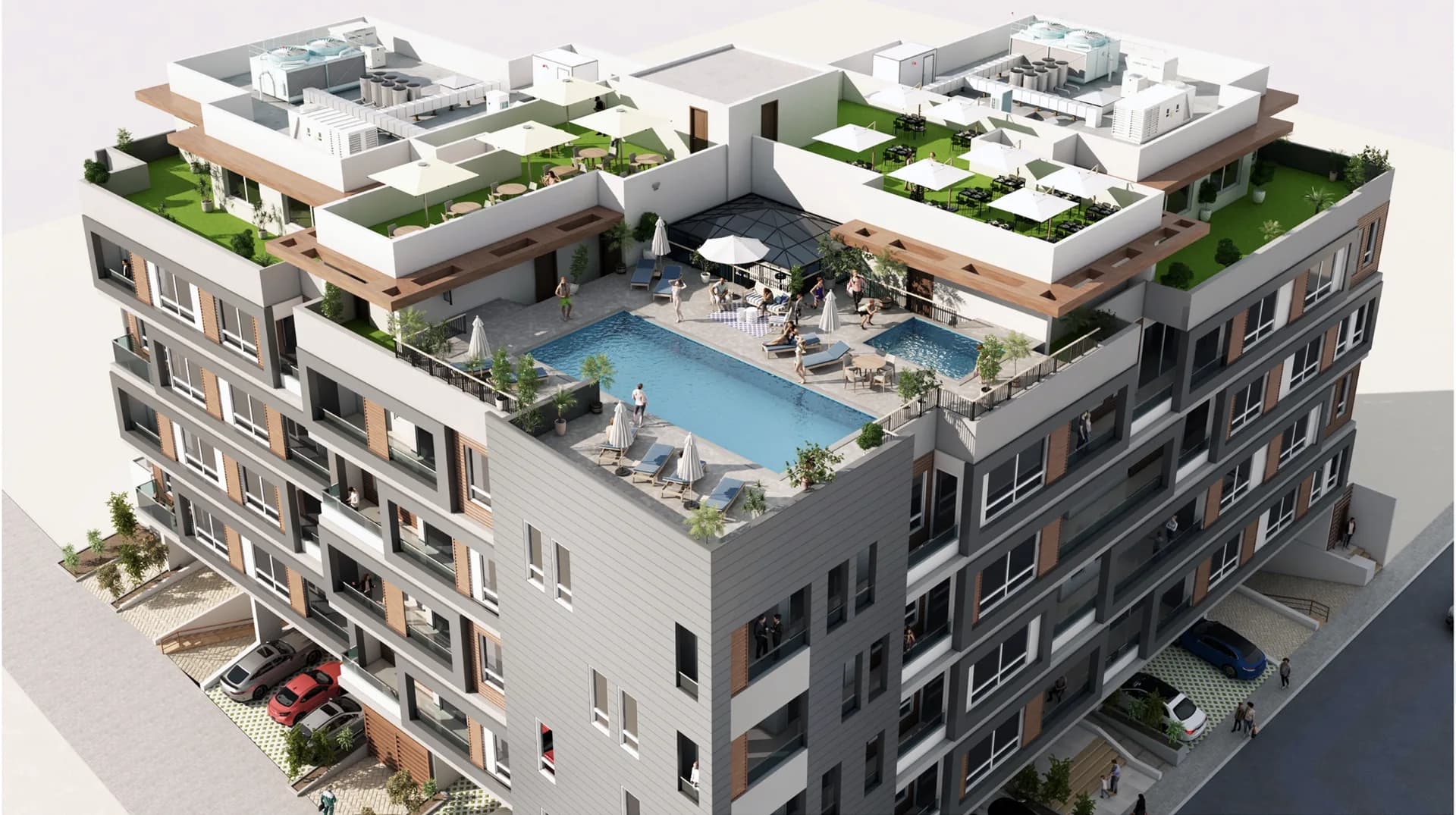 Aerial view of the AZURA rooftop terraces and pool